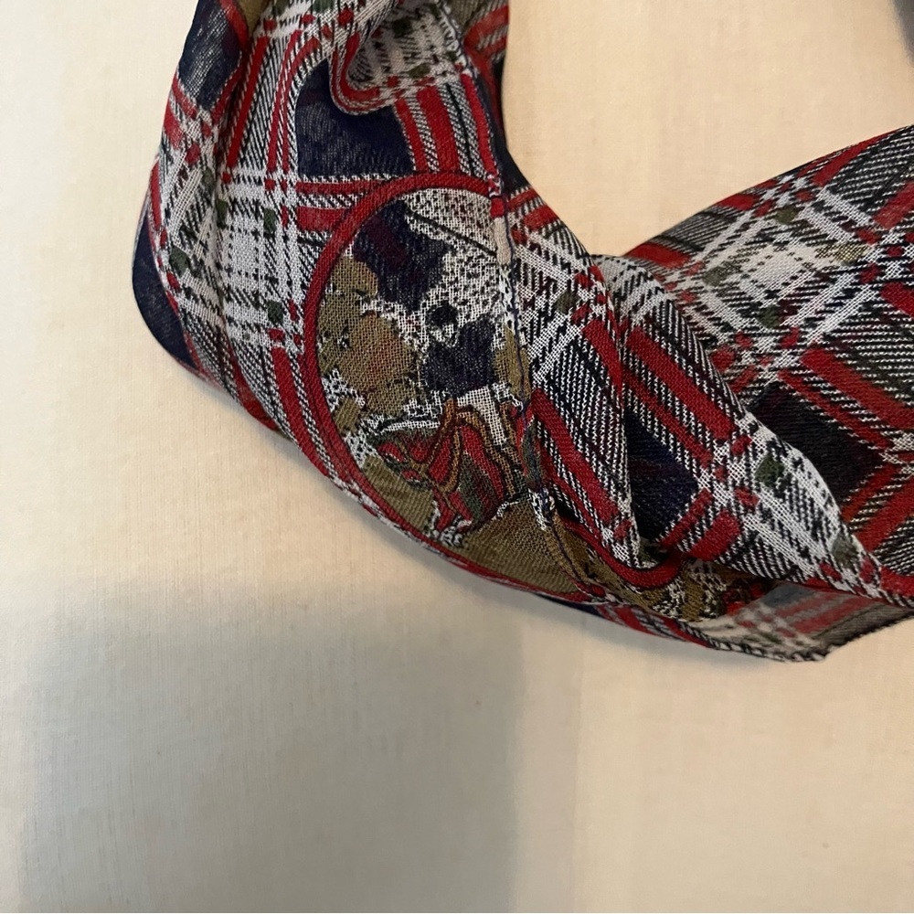 VTG Plaid Equestrian Horse Red Blue Western Rectangle Scarf Preppy Old Money - Picture 2 of 5